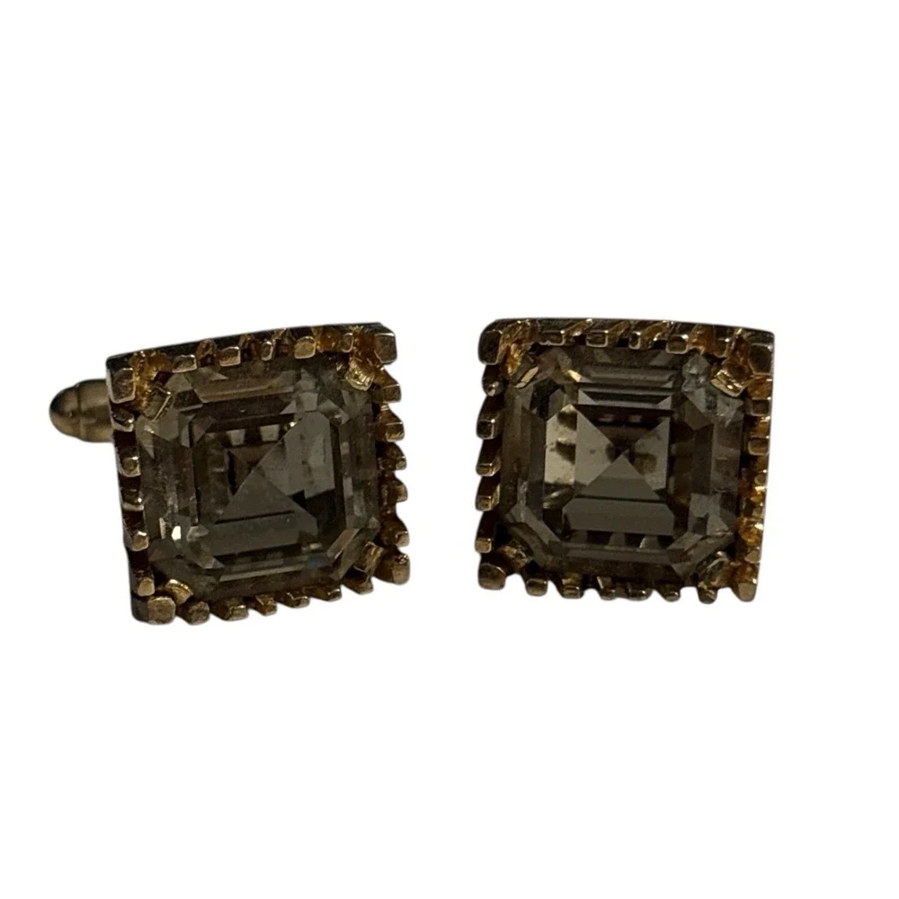 Smoky Gray Cufflinks Large Crystal‎ Rhinestone Gold Tone VTG Square Ridged Edges